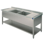 Sink unit, 2 sinks, 2 draining boards, on legs, with lower shelf, 2000x700 mm