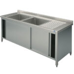 sink unit on cupboard, 2 sinks, right draining board, with sliding doors, 1600x700 mm