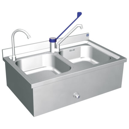 wall-mounted hand wash basin with 2 sinks, 2 taps, 1 knee operated