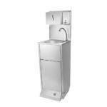 Handwash basin foot operated with waste paper bin, soap and paper dispenser