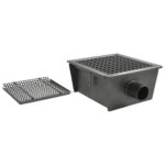 Floor gutter with grating, horizontal discharge ø 63 mm and filter, 300x300x150 mm