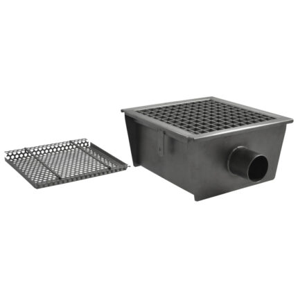Floor gutter with grating, horizontal discharge ø 63 mm and filter, 300x300x150 mm