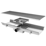 Floor gutter with grating, horizontal discharge ø 63 mm and square filter, 1050x300x150 mm