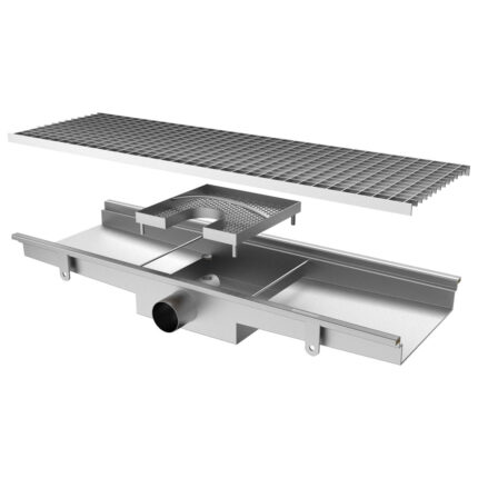 Floor gutter with grating, horizontal discharge ø 63 mm and square filter, 1050x300x150 mm