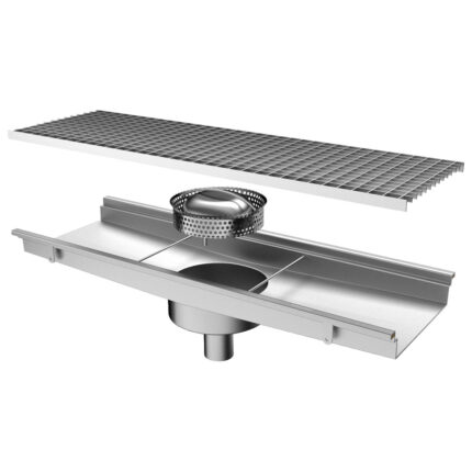 Floor gutter with grating, vertical discharge ø 63 mm and round filter, 800x300x150 mm