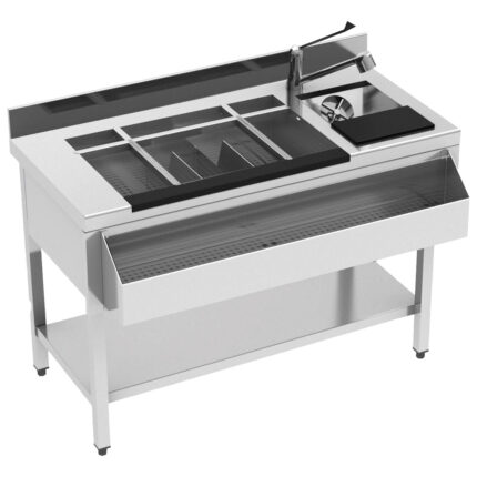 Cocktail bar station neutral with ice bowl, bottle holder, sink, 1200x610 mm