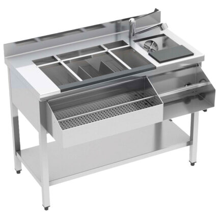 Cocktail bar station neutral with ice bowl, bottle holder, mixer rack, sink, 1500x720 mm