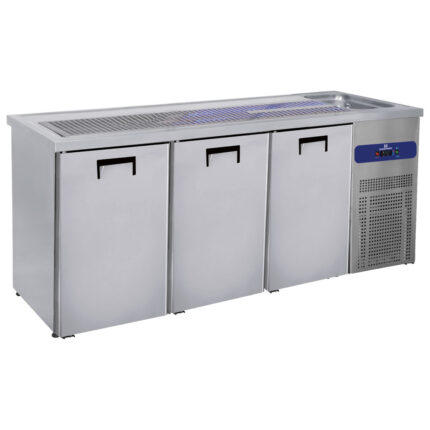 Serving counter with 1 bowl right and 3 doors for kegs of 50 litres
