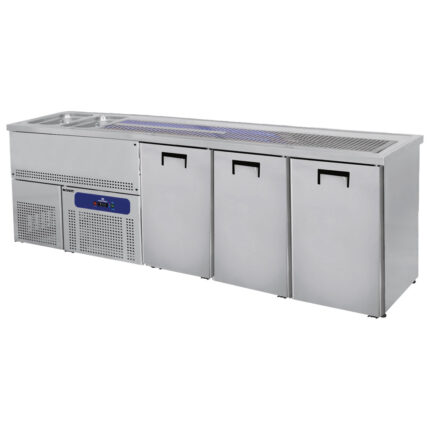 Serving counter with 2 bowls left and 3 doors for kegs of 50 litres
