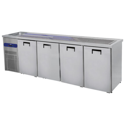 Serving counter with 1 bowl left and 4 doors for kegs of 50 litres