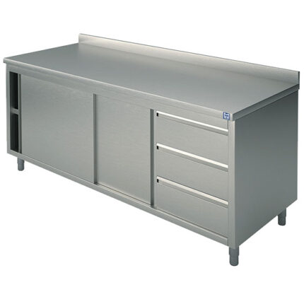 Neutral work cupboard with drawer unit on the right side, with sliding doors and upstand, 2000x700 mm