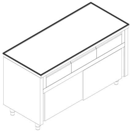 Neutral work cupboard with 3 horizontal drawers, with sliding doors, without upstand, 1600x700 mm