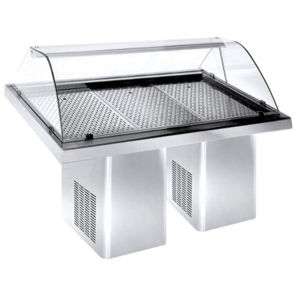 Refrigerated fish counter with curved glass and rear closing, static cooling, 2320 mm