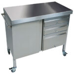 Waiter station on wheels made of stainless steel with 1 door and 3 drawers