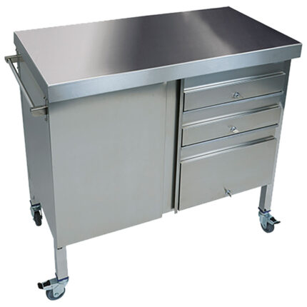 Waiter station on wheels made of stainless steel with 1 door and 3 drawers