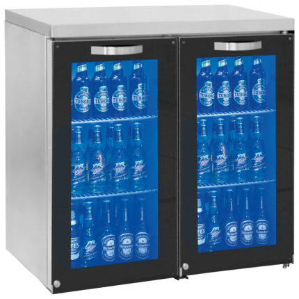 Undercounter refrigerator left side with 2 hinged glass doors, 50/90 bottles