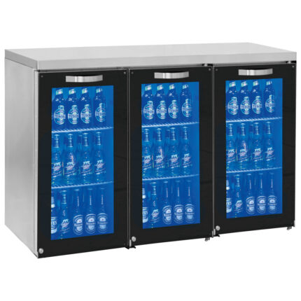 Undercounter refrigerator left side with 3 hinged glass doors, 90/120 bottles