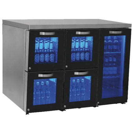 Undercounter refrigerator right side with 1 hinged glass door and 4 glass drawers, 120 bottles