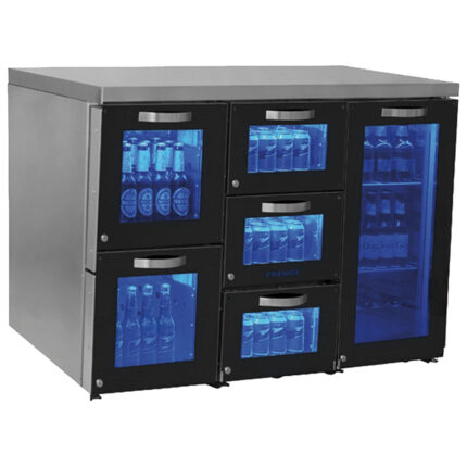 Undercounter refrigerator left side with 1 hinged glass door and 5 glass drawers, 120 bottles