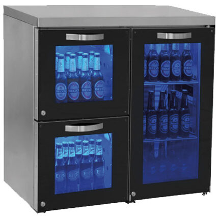 Undercounter refrigerator left side with 1 hinged glass door and 2 glass drawers, 90 bottles