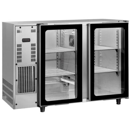 Undercounter refrigerator with 2 hinged glass doors, 380 litres, -2°/+8°C - stainless steel version