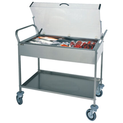 Service trolley in stainless steel with basin and 8 cold packs