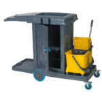 Cleaning trolley with bag holder, cupboard and mop trolley