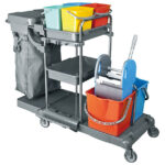 Cleaning trolley with bag holder and mop bucket