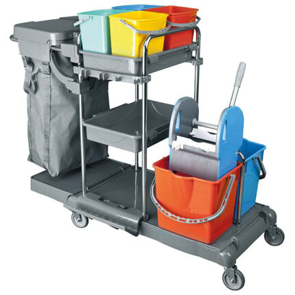 Cleaning trolley with bag holder and mop bucket