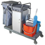 Cleaning trolley with bag holder and cupboard