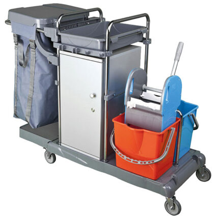 Cleaning trolley with bag holder and cupboard