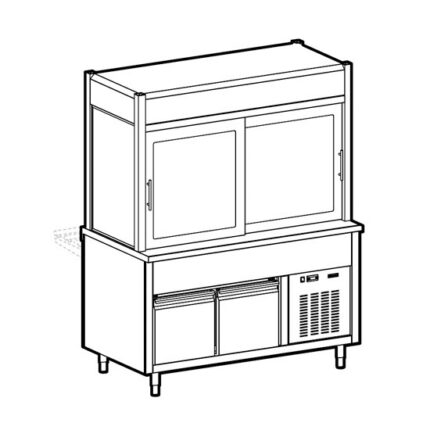 Refrigerated display unit 3 levels, tank on refrigerated cupboard, on customer's side curtain, 6x GN 1/1