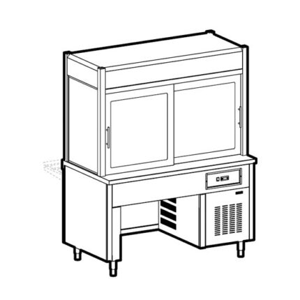 Refrigerated display unit 3 levels, refrigerated top on bridge stand, customer's side curtain, 6x GN 1/1