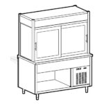 Refrigerated display unit 3 levels, refrigerated top on open cupboard, custome's side curtain, 6x GN 1/1