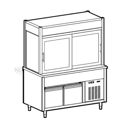Refrigerated display unit 3 levels, top on refrigerated cupboard, customer's side curtain, 6x GN 1/1