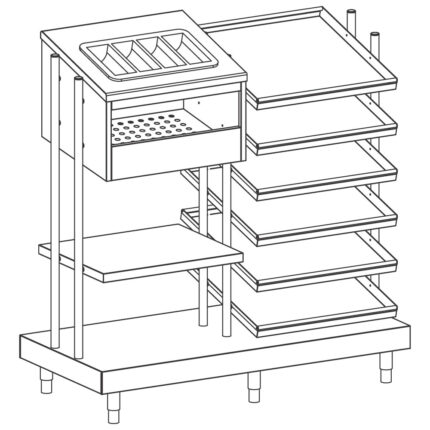 Trays, cutlery, glasses and bread dispenser unit, cutlery dispenser and trays storing frame, 1312x700 mm