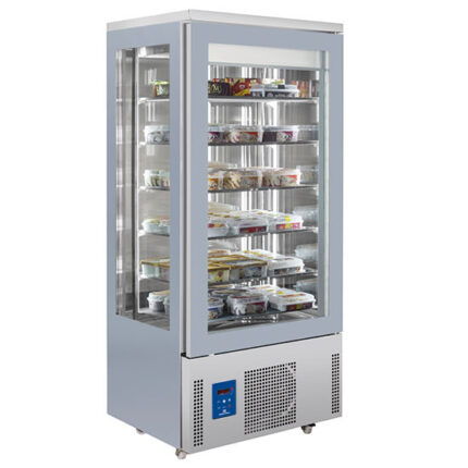 Upright refrigerated display with 5 squared glass shelves, ventilated cooling, -15°/-25°C
