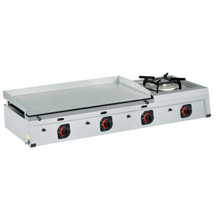 Gas combi cooking top with 1 burner and 3 griddle zones