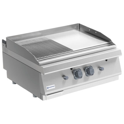 Gas griddle plate, tabletop model, 1/2 smooth and 1/2 grooved chromed plate
