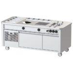Mobile cooking station with induction wok, induction hob, pasta cooker, refrigerated undercounter