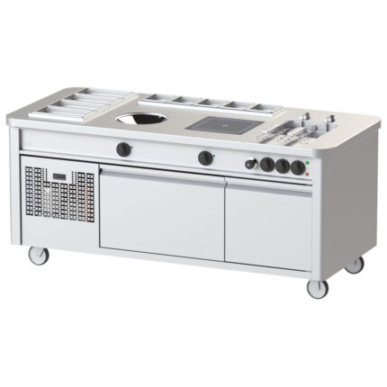 Mobile cooking station with induction wok, induction hob, pasta cooker, refrigerated undercounter