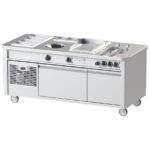 Mobile cooking station with induction wok, teppanyaki, pasta cooker, refrigerated undercounter