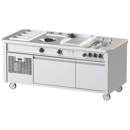 Mobile cooking station with induction wok, teppanyaki, pasta cooker, refrigerated undercounter