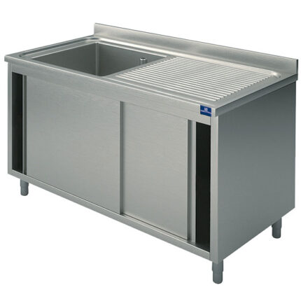 sink unit on cupboard, 1 sink + right draining board, with sliding doors, 1300x600 mm