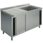 sink unit on cupboard, 1 sink + left draining board, with sliding doors, 1300x600 mm