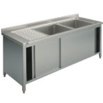 sink unit on cupboard, 2 sinks + left draining board, with sliding doors, 1600x600 mm
