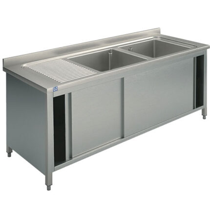 sink unit on cupboard, 2 sinks + left draining board, with sliding doors, 2000x600 mm