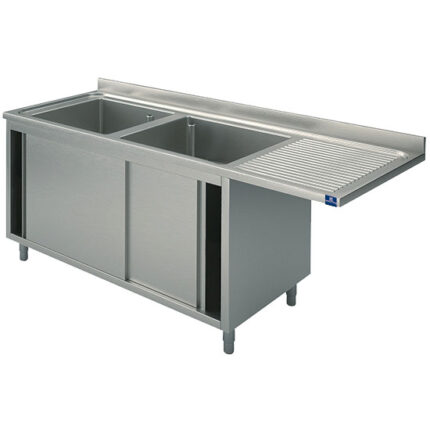 sink unit on cupboard with sliding doors for built-in dishwasher, 2 left sinks, 1800x600 mm