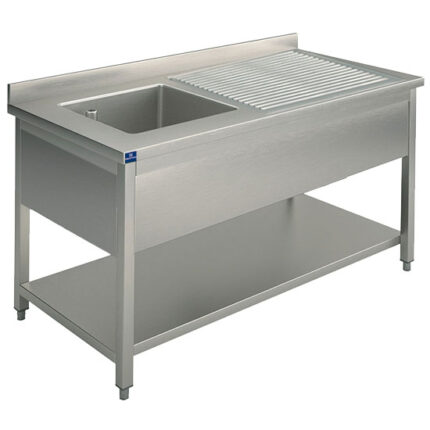 Sink unit, 1 sink, draining board on the right, on legs, with lower shelf, 1000x700 mm