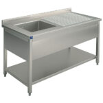 Sink unit, 1 sink, draining board on the right, on legs, with lower shelf, 1400x700 mm